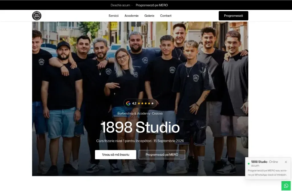 Site barbershop și academie frizerie Craiova - hero 1898 Studio cu rating Google
