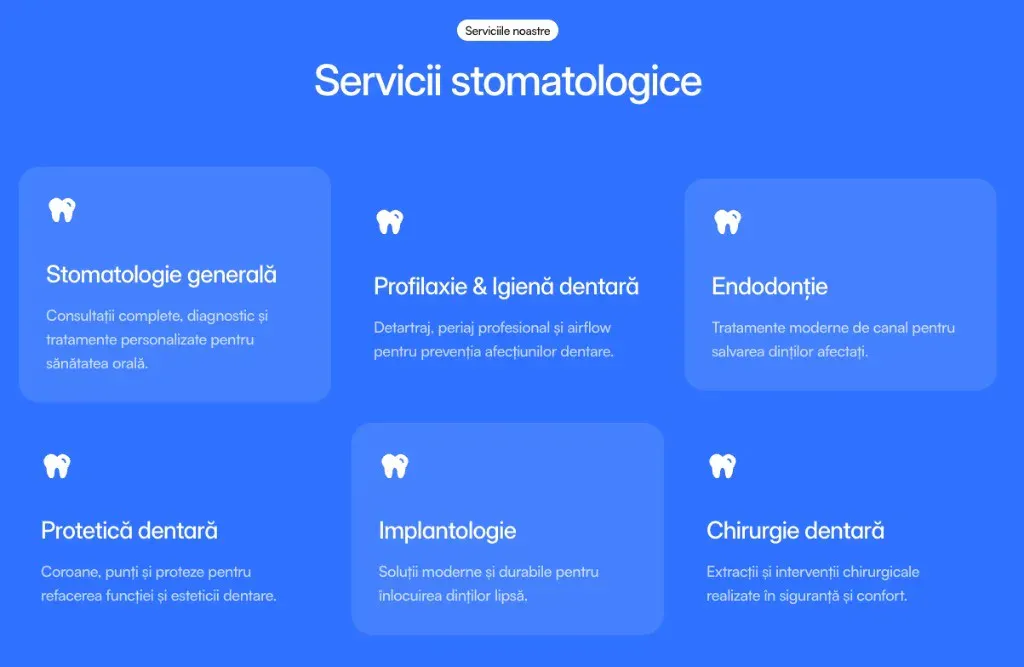 Secțiune Servicii stomatologice, stomatologie generală, profilaxie, endodonție și implantologie