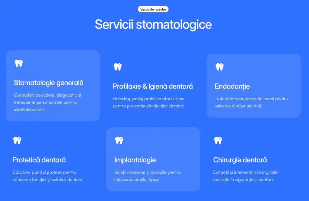 Secțiune Servicii stomatologice — stomatologie generală, profilaxie, endodonție și implantologie