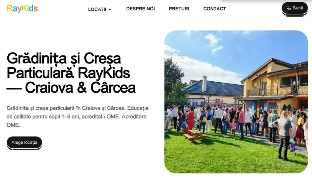 Site web grădiniță Craiova - homepage RayKids cu locații și CTA
